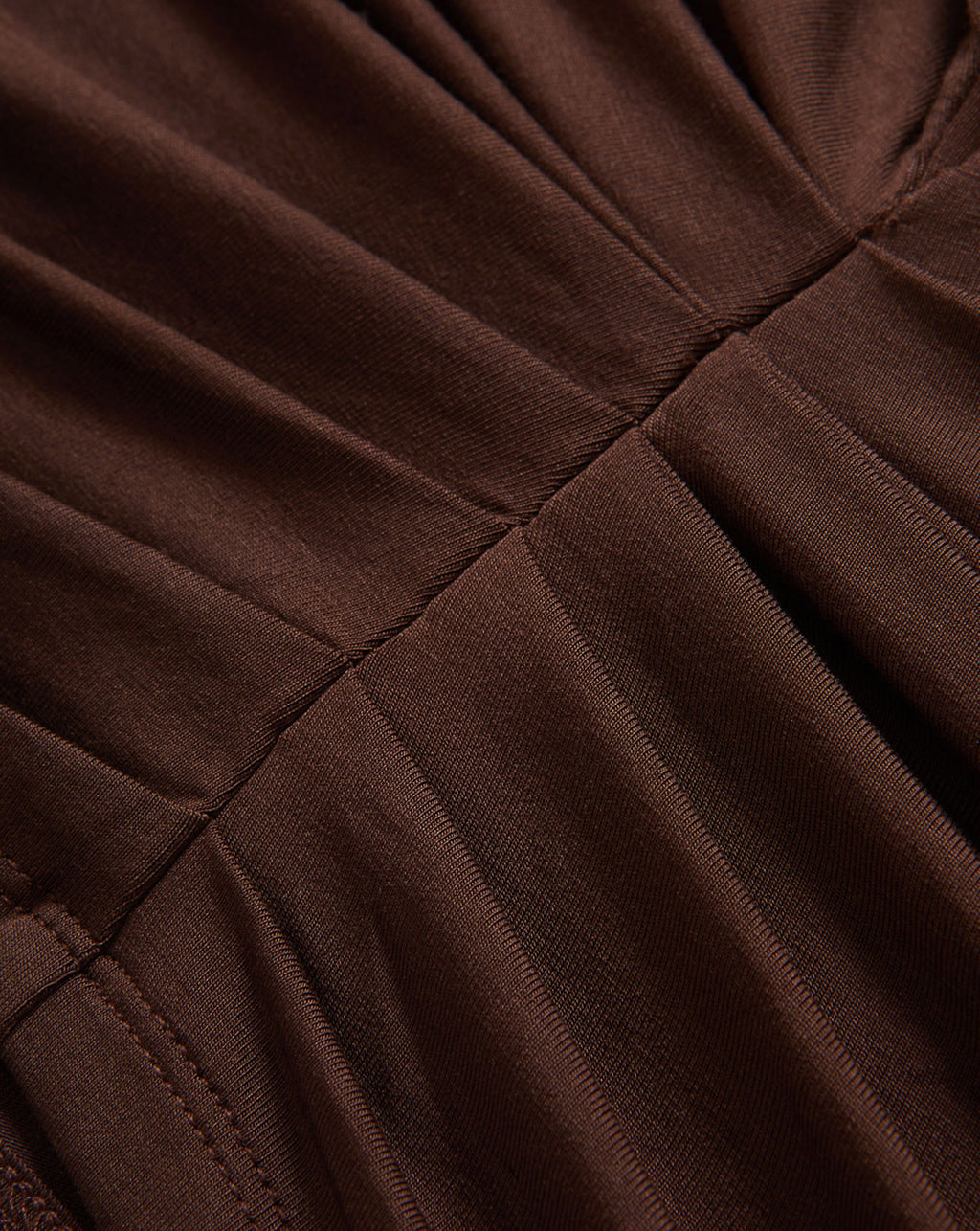 Veronica Beard Brown ruched stretch fabric dress garment detail.