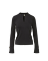 Veronica Beard Black long-sleeve top with keyhole neckline and gold button.