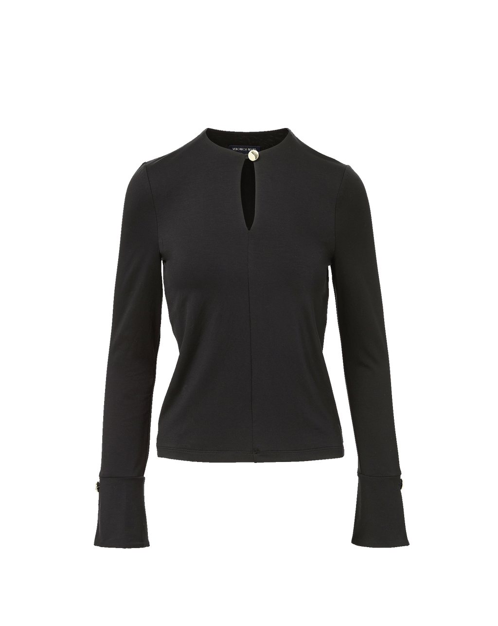 Veronica Beard Black long-sleeve top with keyhole neckline and gold button.