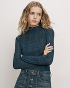 Veronica Beard Dark teal plaid mock neck top.