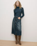 Veronica Beard Blue plaid turtleneck and denim button midi skirt.