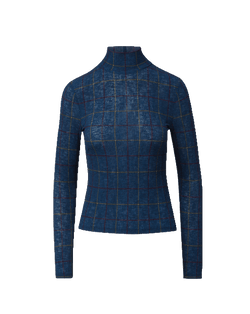 Veronica Beard Blue plaid turtleneck top with long sleeves.