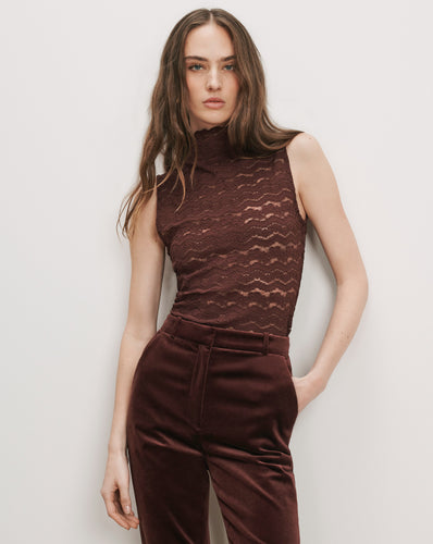 Veronica Beard Brown lace sleeveless mock neck top.