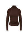 Veronica Beard Brown long-sleeve turtleneck top with ruched details.