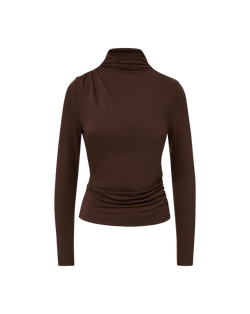 Veronica Beard Brown long-sleeve turtleneck top with ruched details.