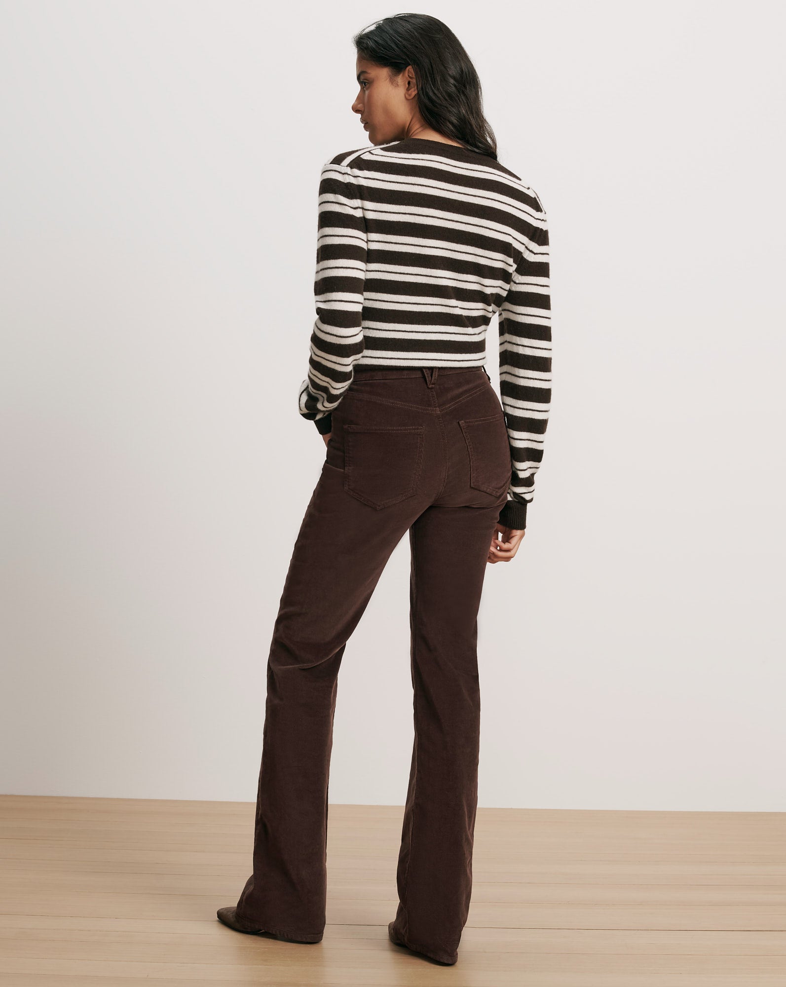 Veronica Beard Brown corduroy flare pants and striped knit sweater