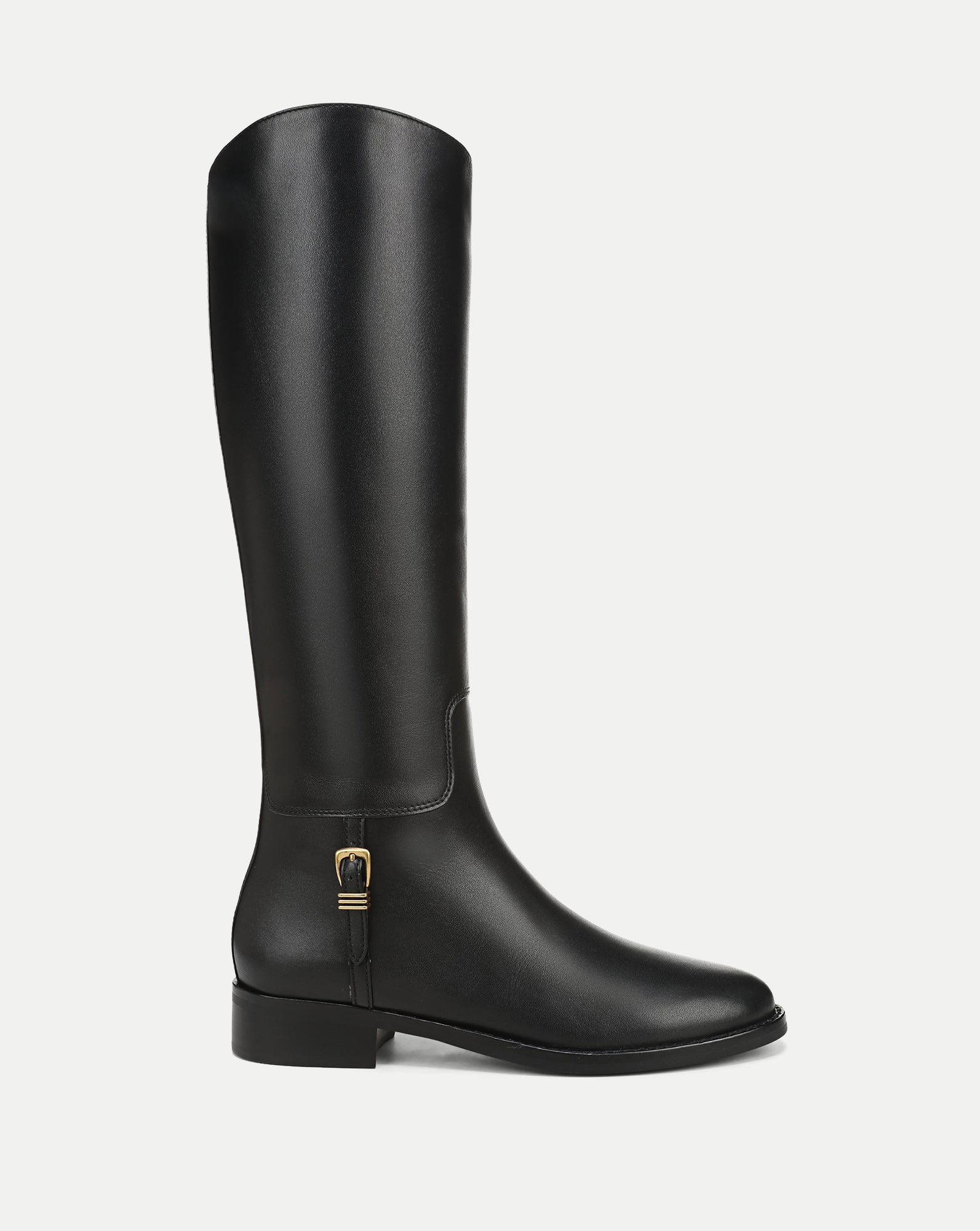 Veronica Beard Black leather knee-high boot with gold buckle.