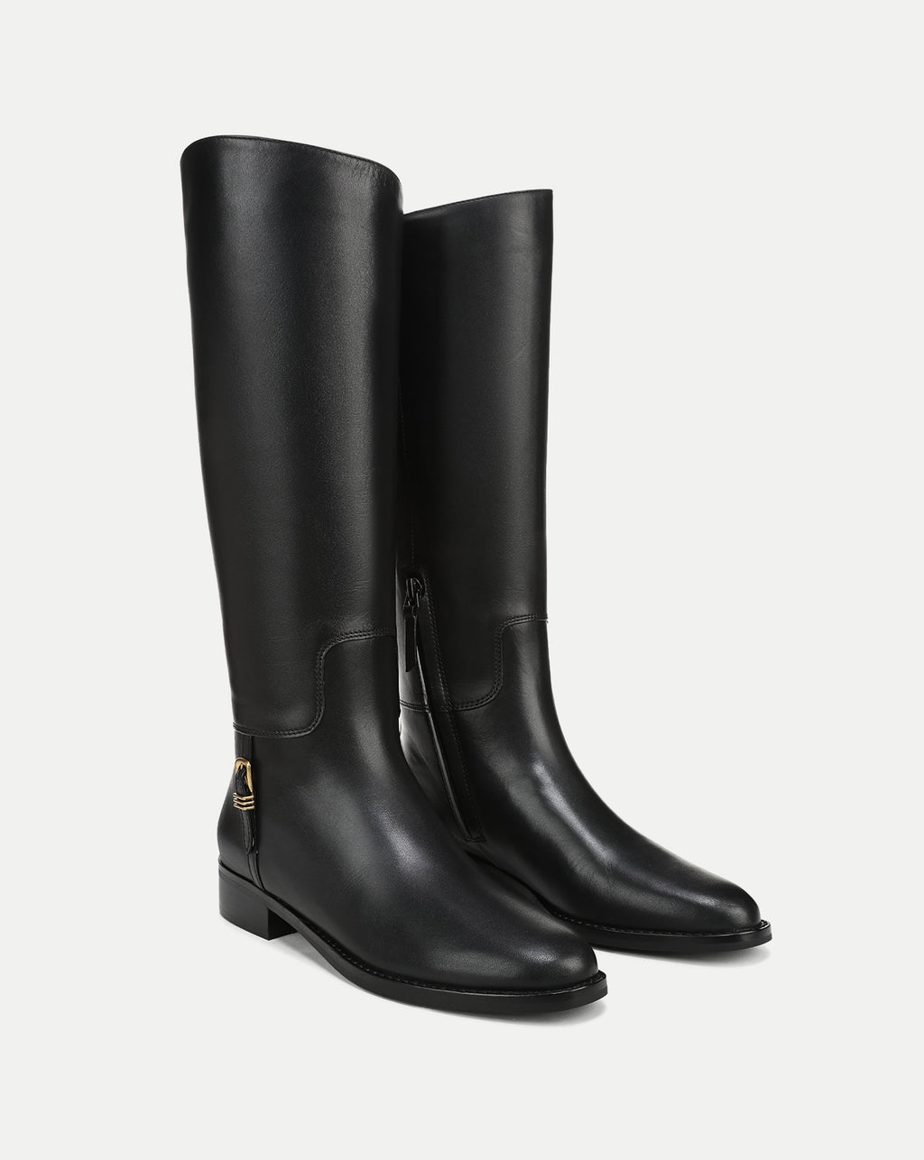 Veronica Beard Black leather knee-high boots with gold buckle.