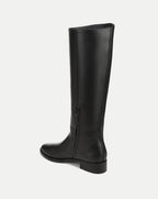 Veronica Beard Black leather knee-high boots with side zipper.