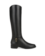 Veronica Beard Black leather knee-high boot with gold buckle.