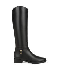Veronica Beard Black leather knee-high boot with gold buckle.