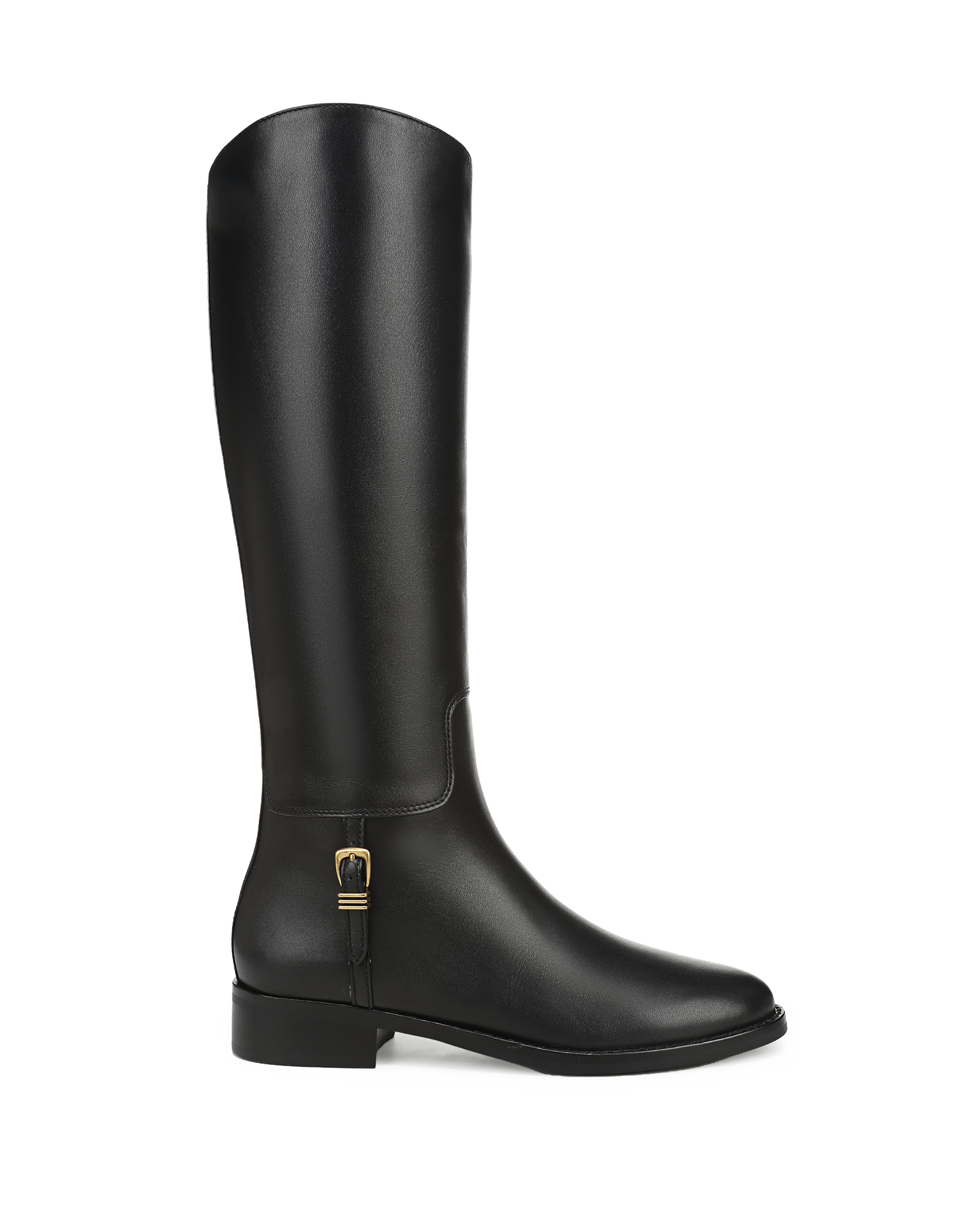 Veronica Beard Black leather knee-high boot with gold buckle.