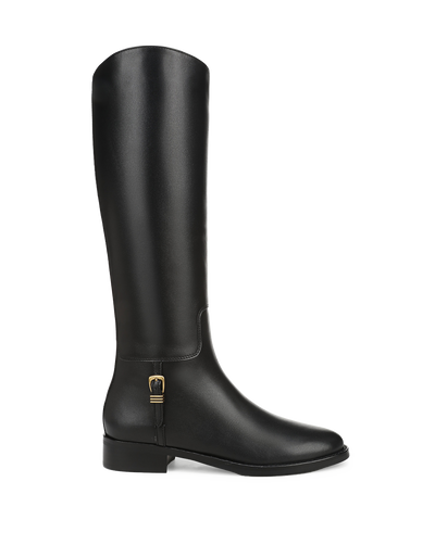 Veronica Beard Black leather knee-high boot with gold buckle.