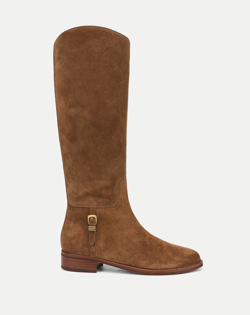 Veronica Beard Brown suede knee-high boot with gold buckle.