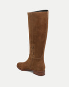 Veronica Beard Brown suede knee-high boot with low heel.