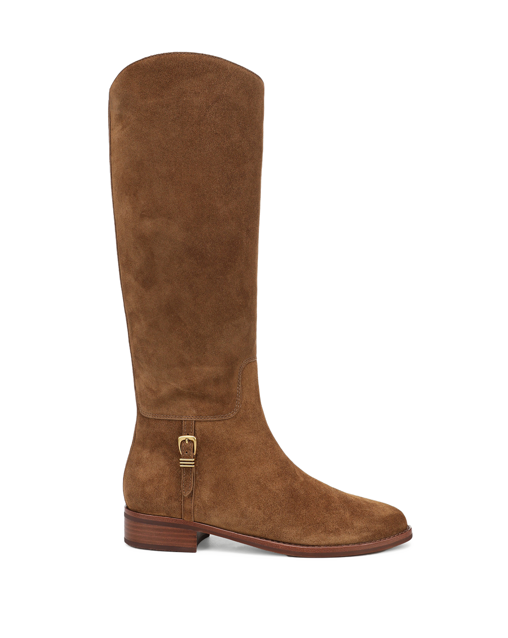 Veronica Beard Brown suede knee-high boot with gold buckle.