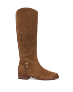 Veronica Beard Brown suede knee-high boot with gold buckle.