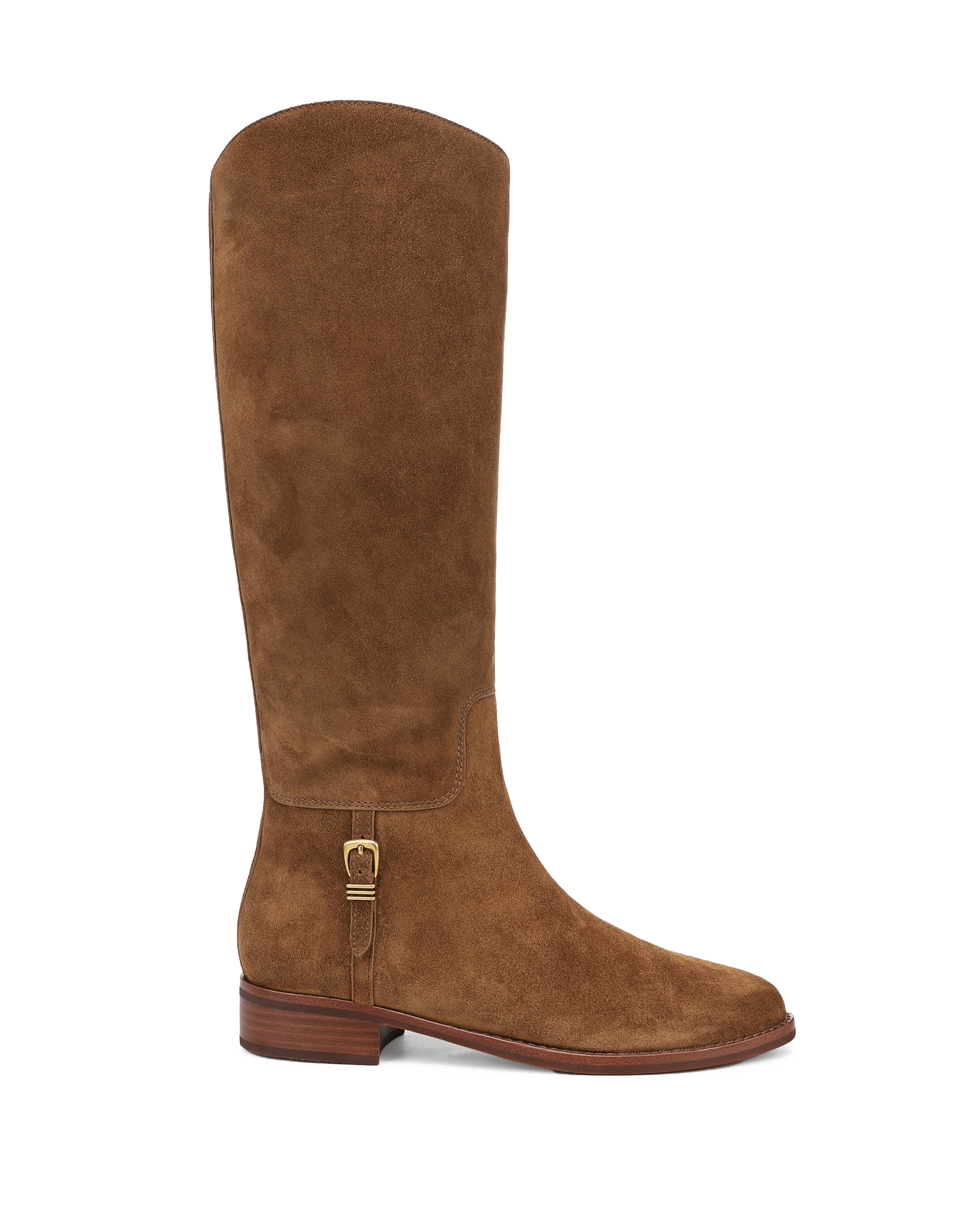 Veronica Beard Brown suede knee-high boot with gold buckle.