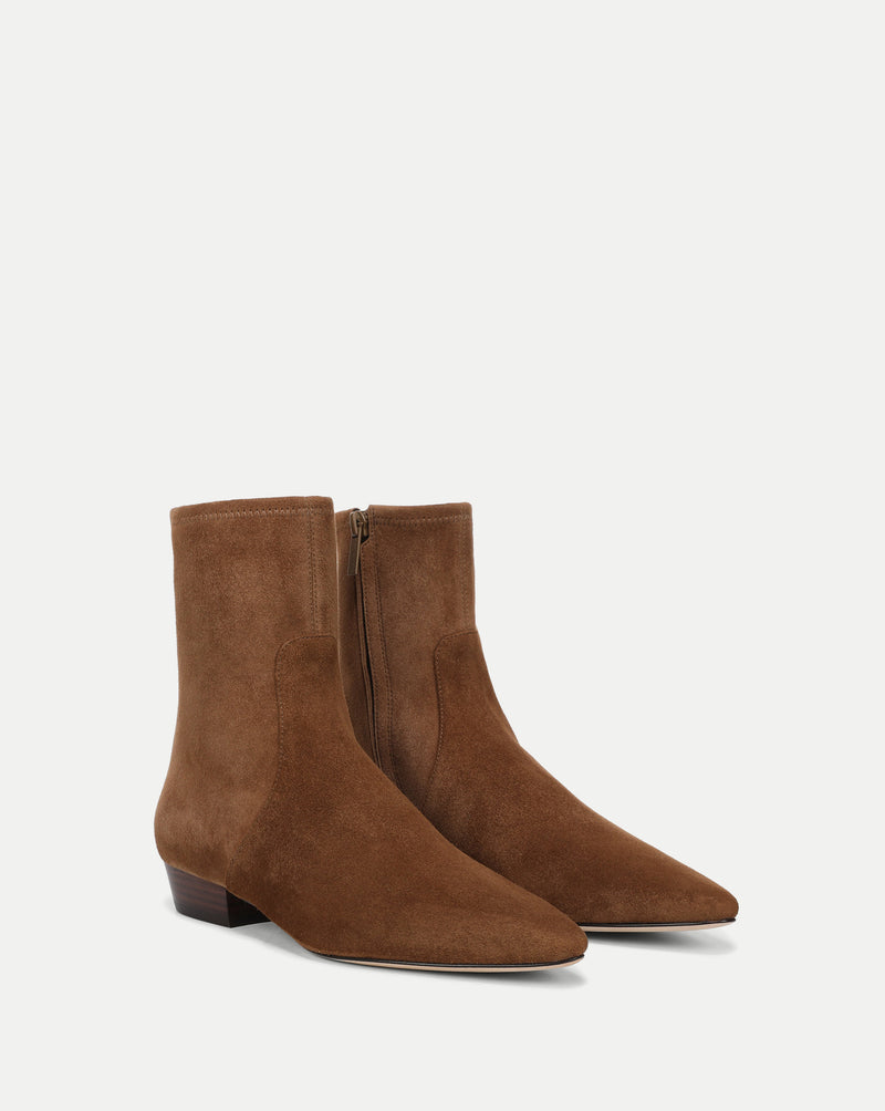 Veronica Beard Brown suede ankle boots with pointed toe and low heel.