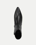 Veronica Beard Black leather pointed-toe ankle boot with side zipper.