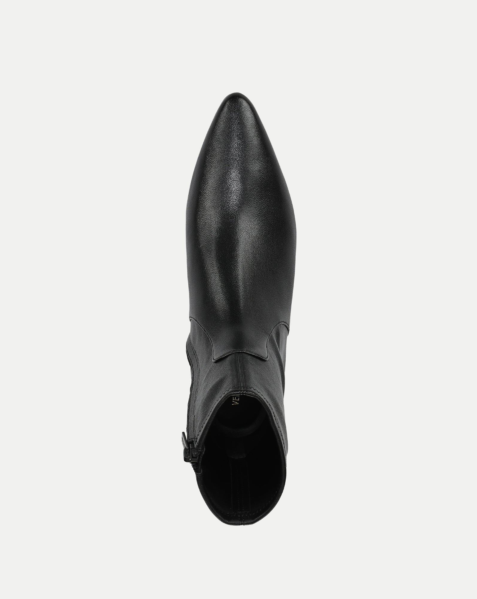 Veronica Beard Black leather pointed-toe ankle boot with side zipper.