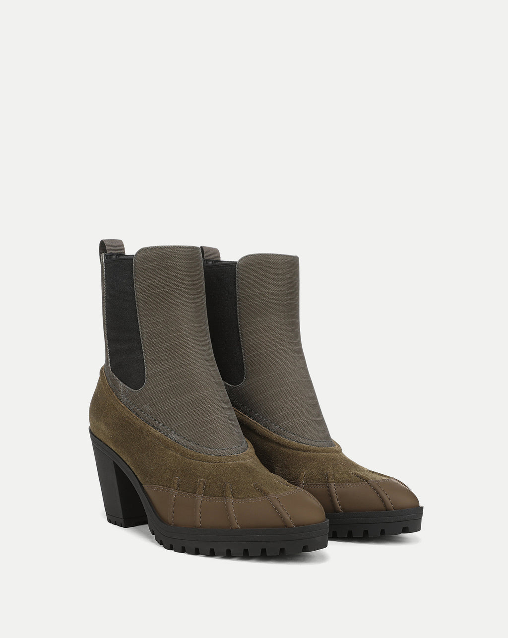 Veronica Beard Olive brown heeled duck boot with lug sole.