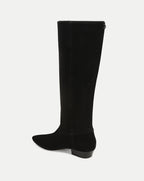 Veronica Beard Black suede knee-high boot with pointed toe.