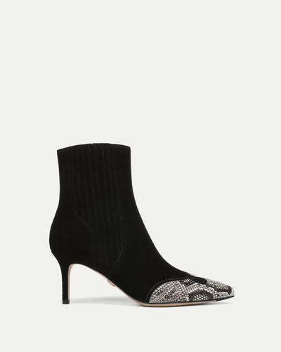 Veronica Beard Black suede ankle boots with snakeskin toe.