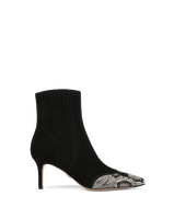 Veronica Beard Black suede ankle boot with snakeskin toe.