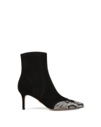 Veronica Beard Black suede ankle boot with snakeskin toe.