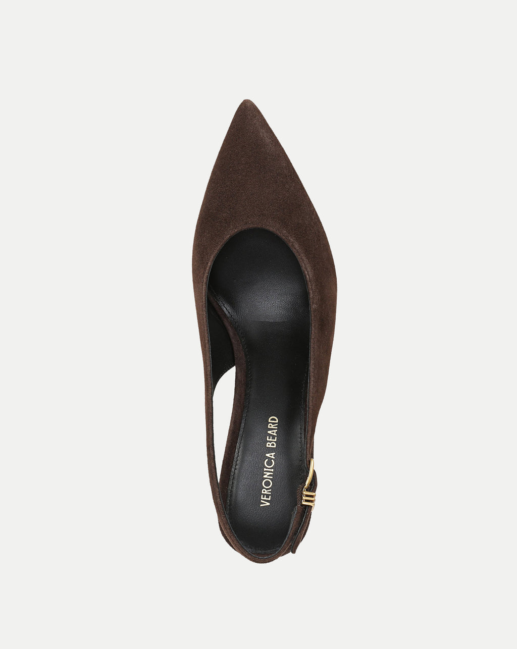 Veronica Beard Brown suede slingback pump with gold buckle.