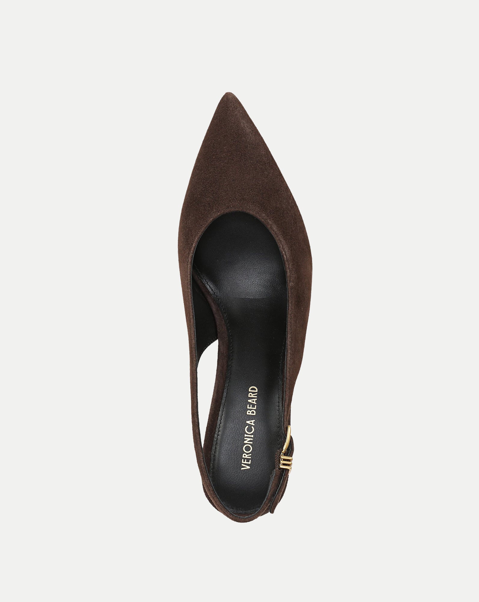 Veronica Beard Brown suede slingback pump with gold buckle.