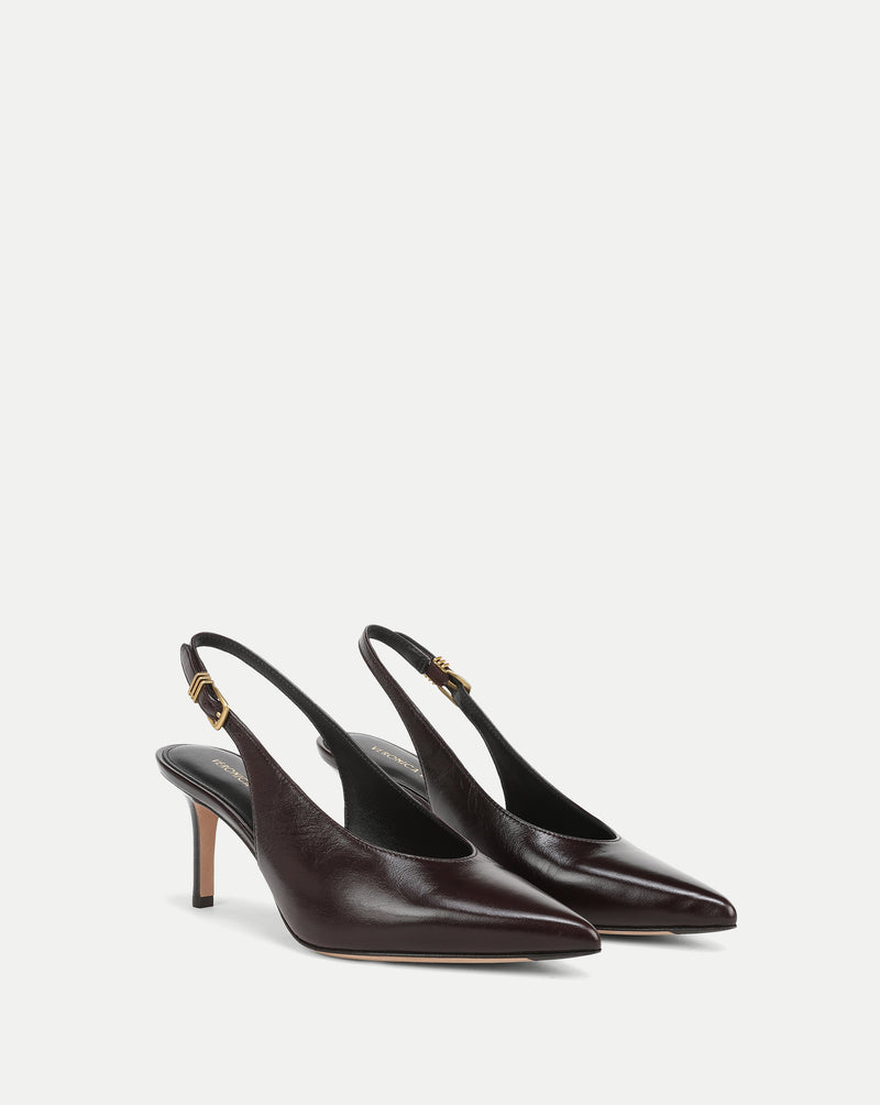 Veronica Beard Brown leather slingback pumps with pointed toes.
