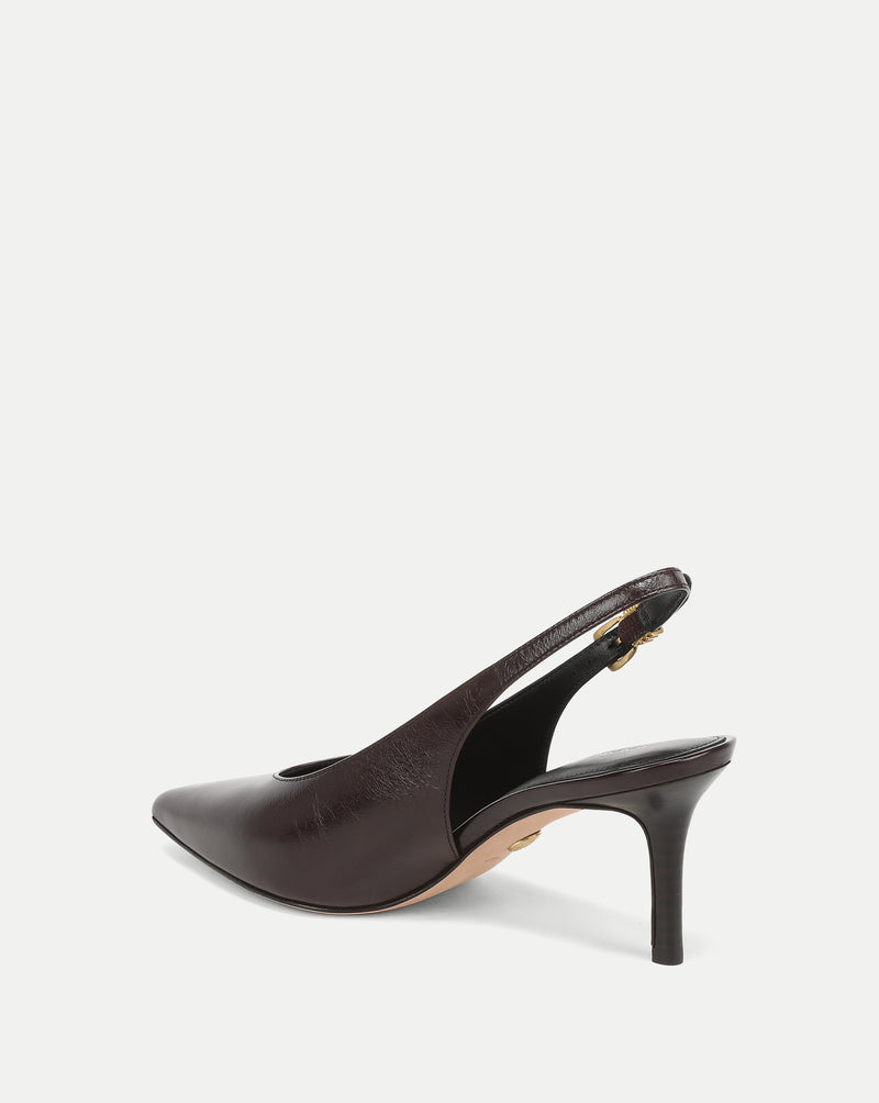 Veronica Beard Brown leather slingback pump with pointed toe.