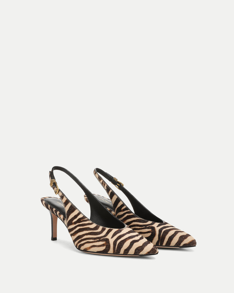 Veronica Beard Zebra print slingback heels with pointed toe.