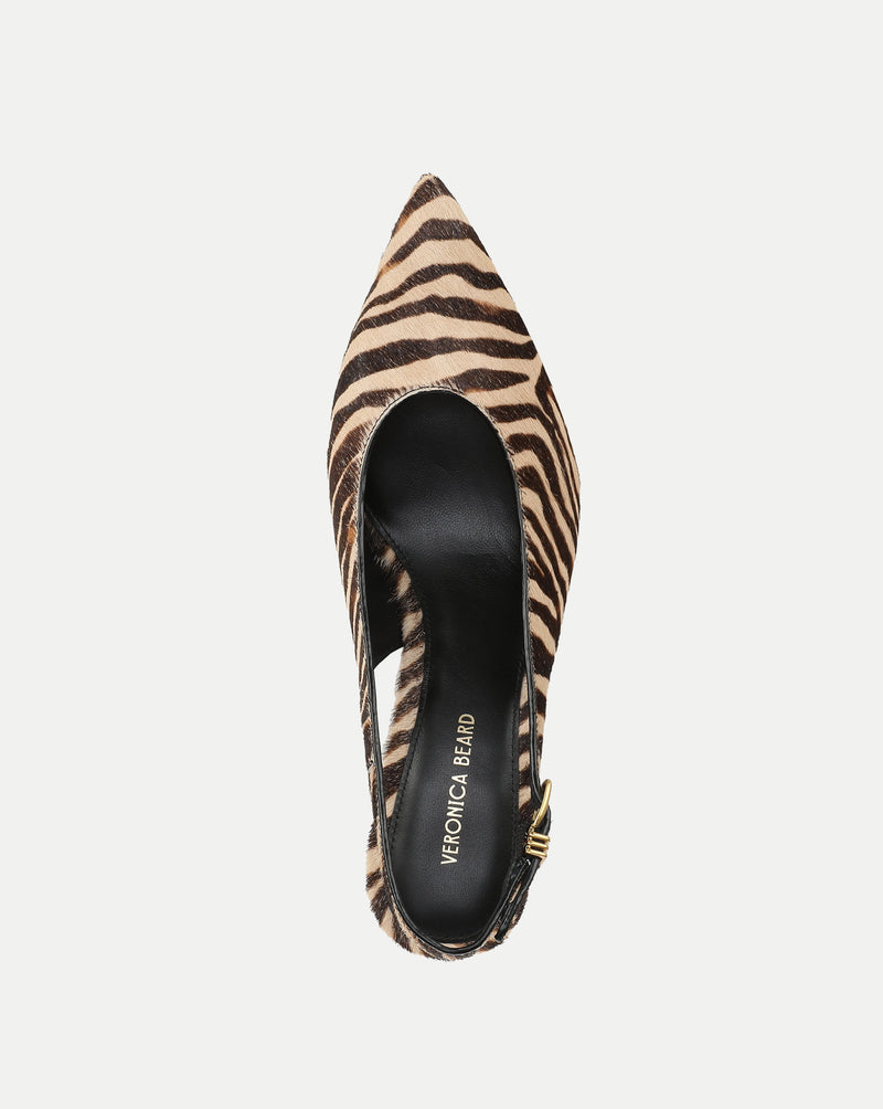 Veronica Beard Zebra print calf hair slingback pump with pointed toe.