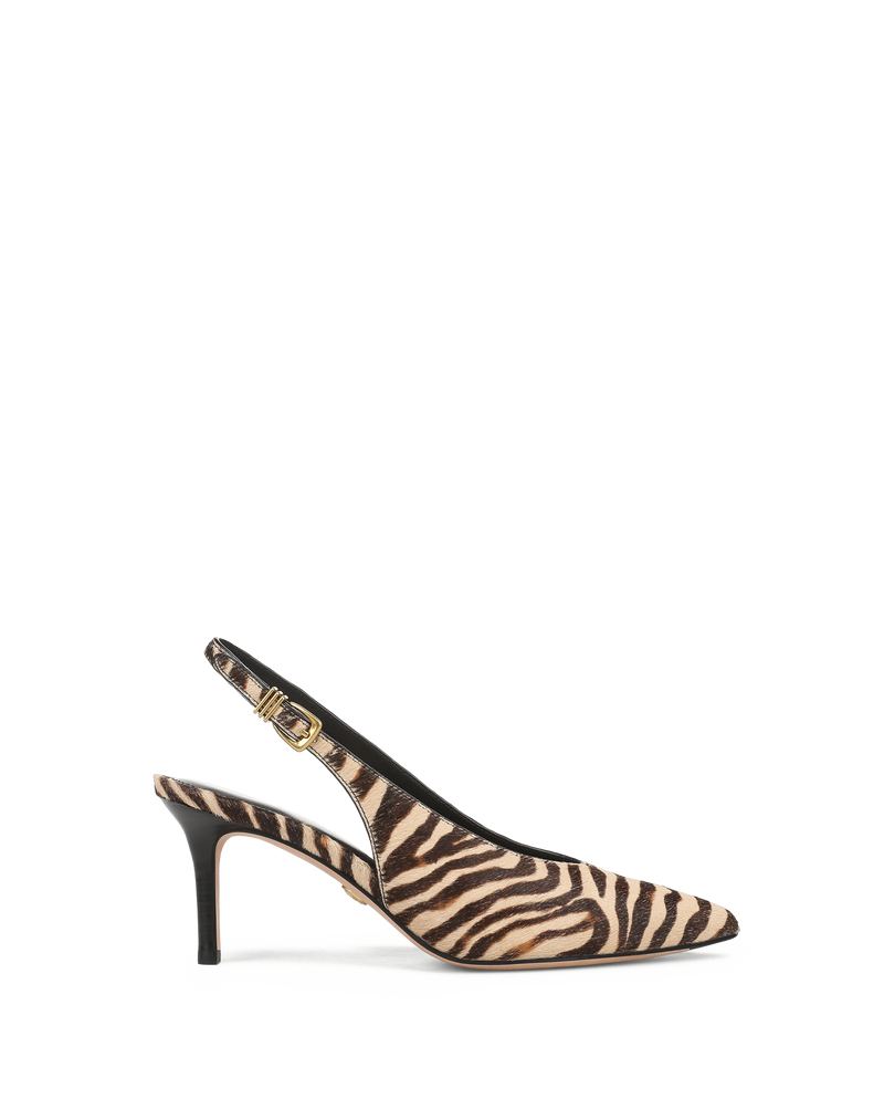 Veronica Beard Zebra print calf hair slingback kitten heel.