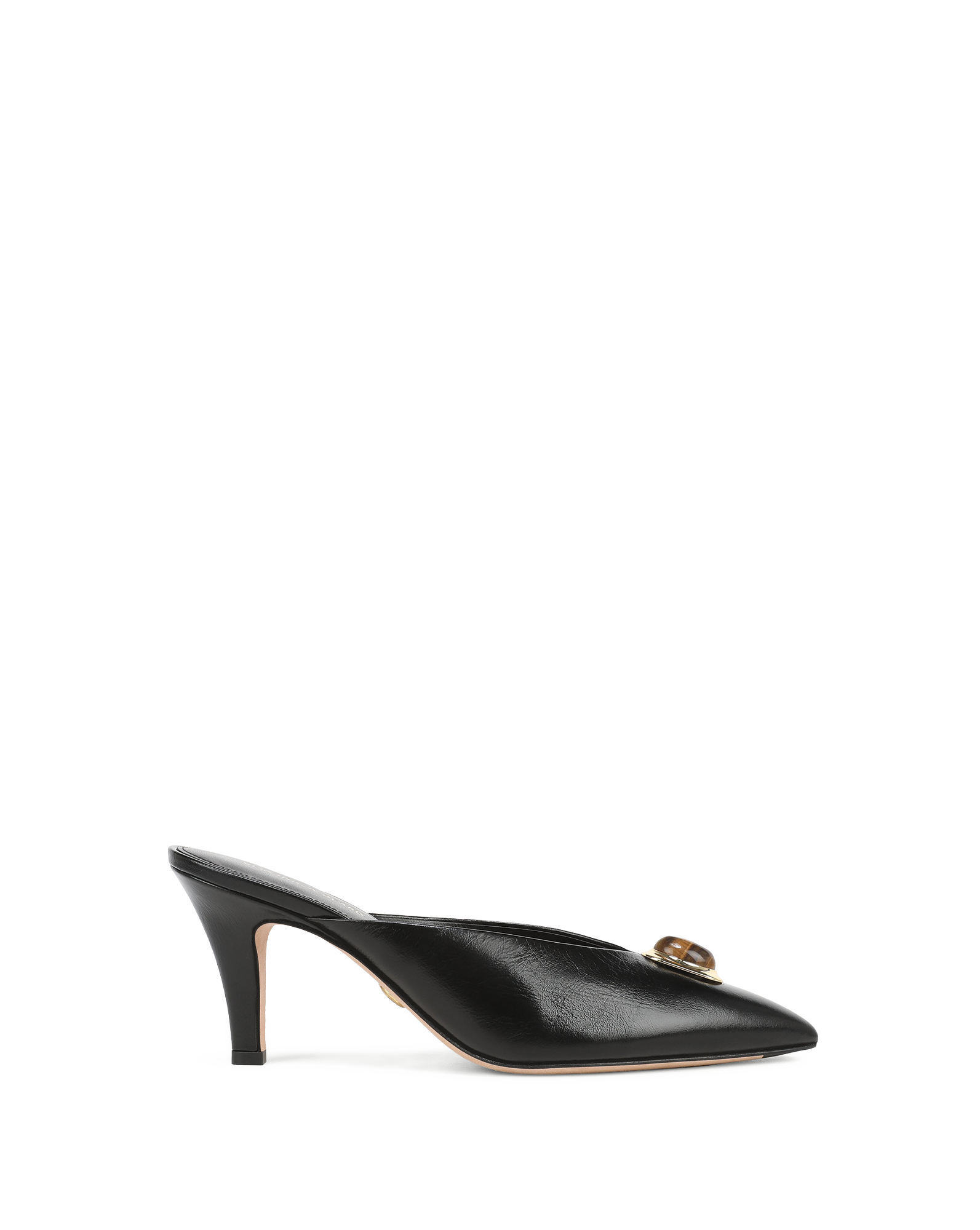 Veronica Beard Black leather mule with gold-tone buckle.