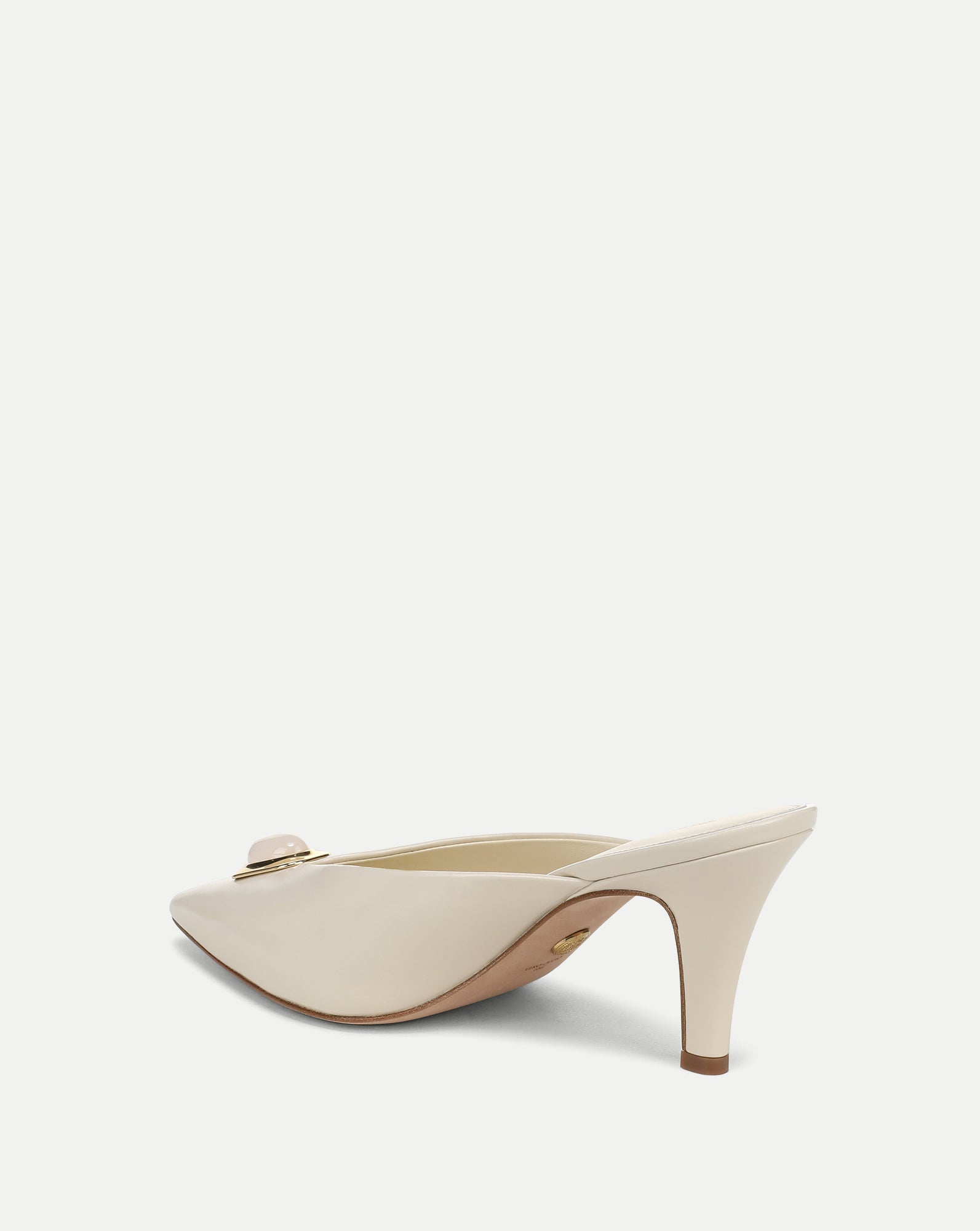 Veronica Beard Cream leather mule with gold buckle and bow.