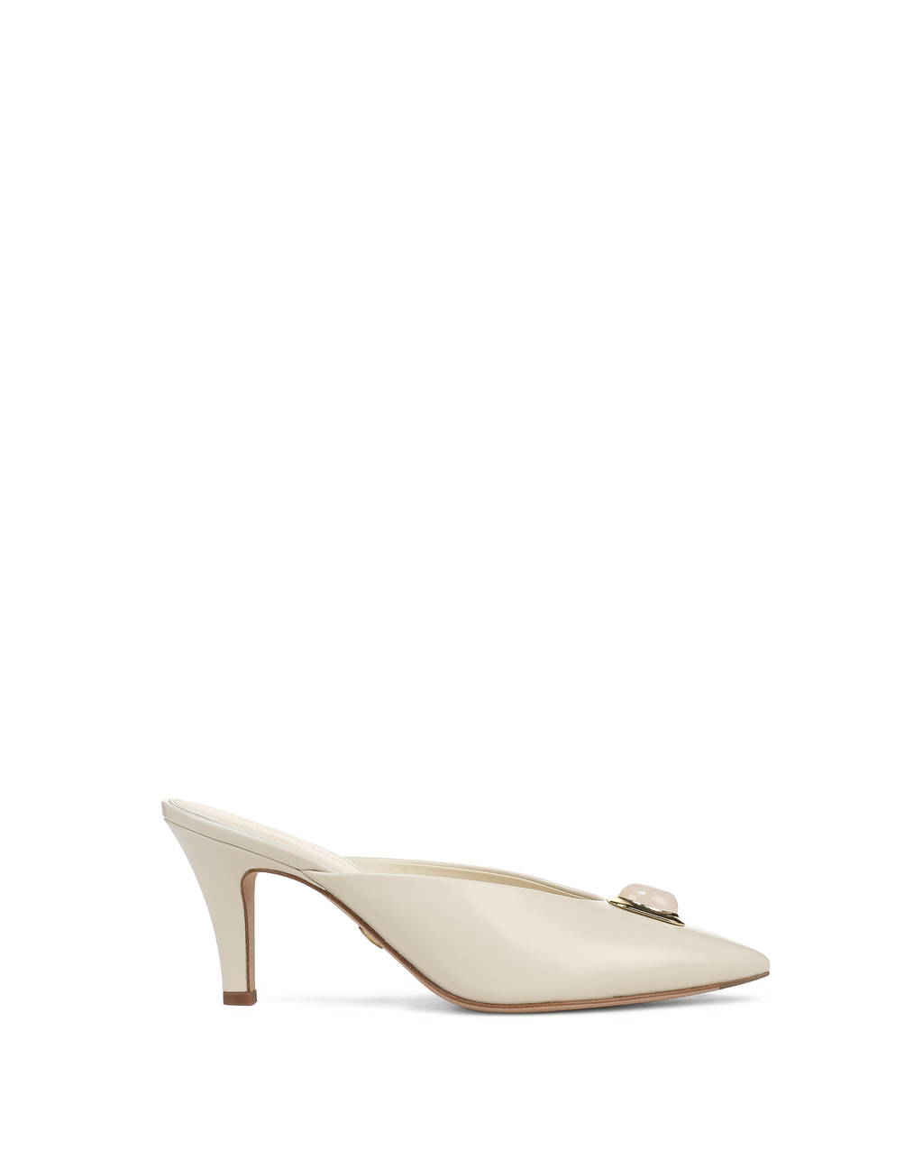 Veronica Beard White leather mules with pointed toe and gold buckle.
