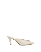 Veronica Beard White leather mules with pointed toe and gold buckle.
