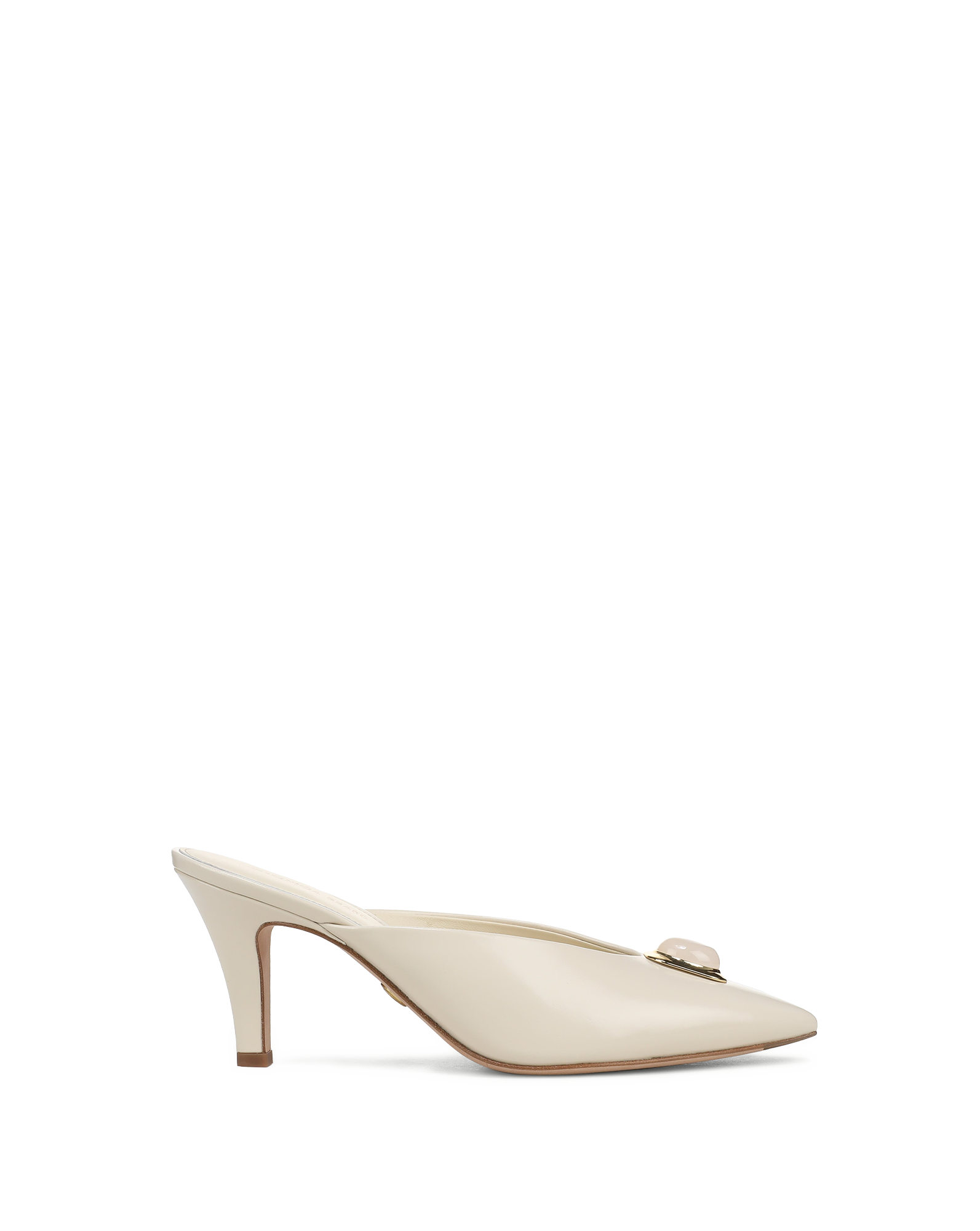 Veronica Beard White leather mules with pointed toe and gold buckle.