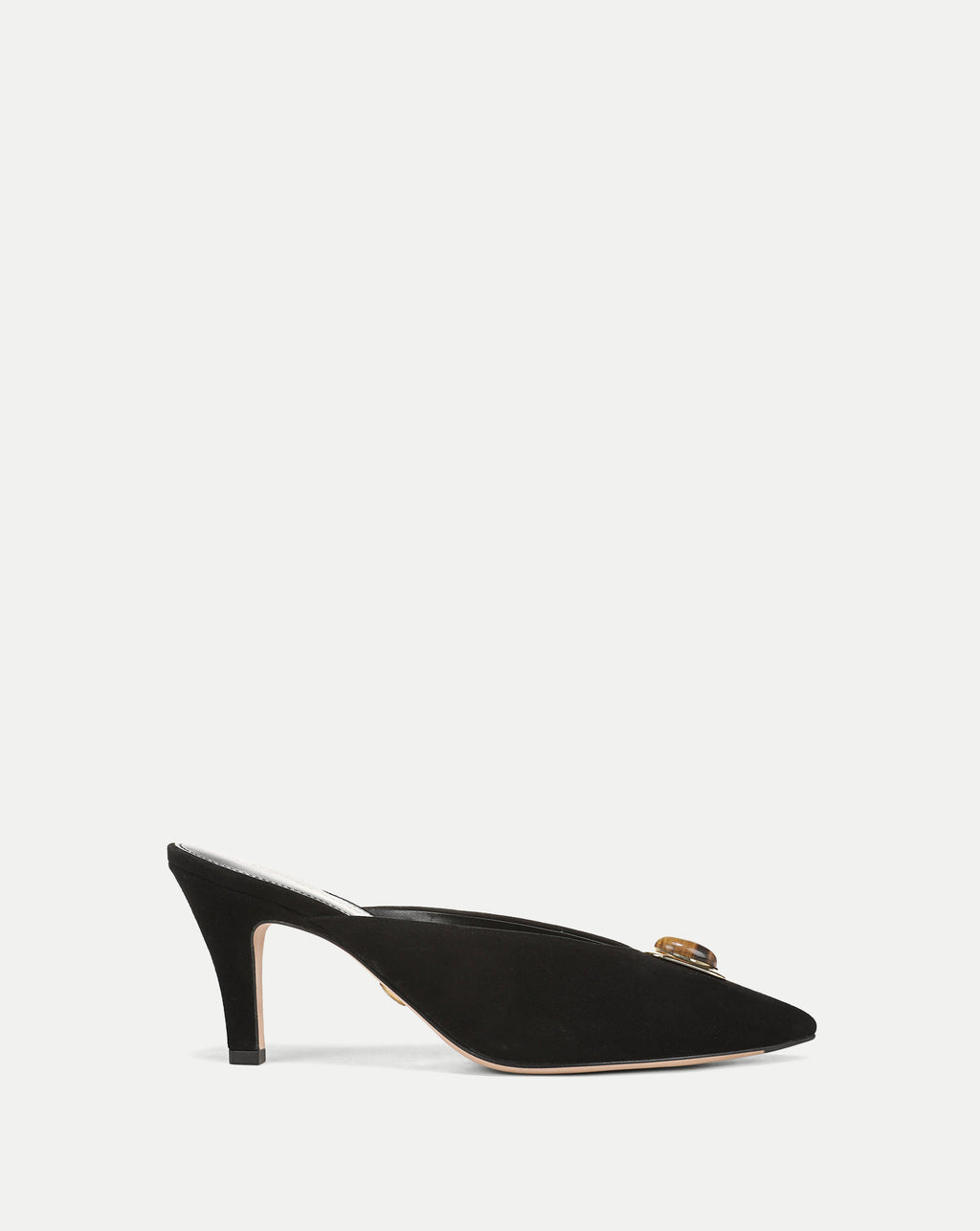 Veronica Beard Black suede pointed-toe mule with gold buckle.