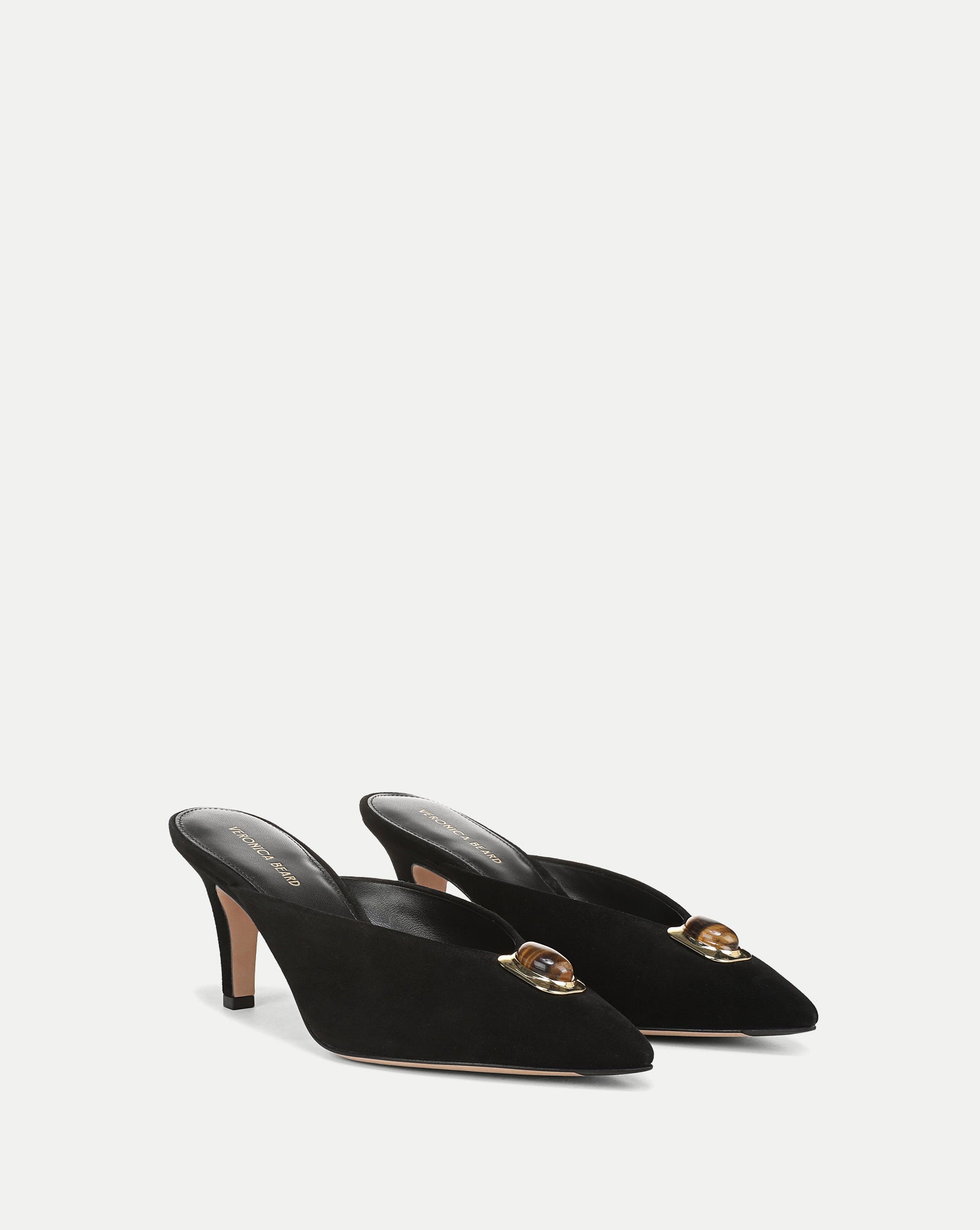 Veronica Beard Black suede mules with gold and amber embellishment.