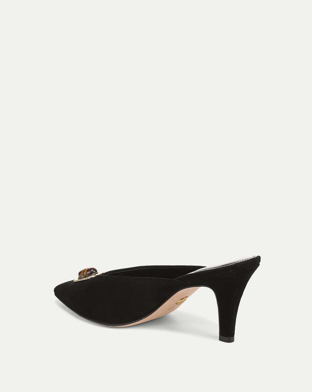 Veronica Beard Black suede mule with tortoise shell buckle.