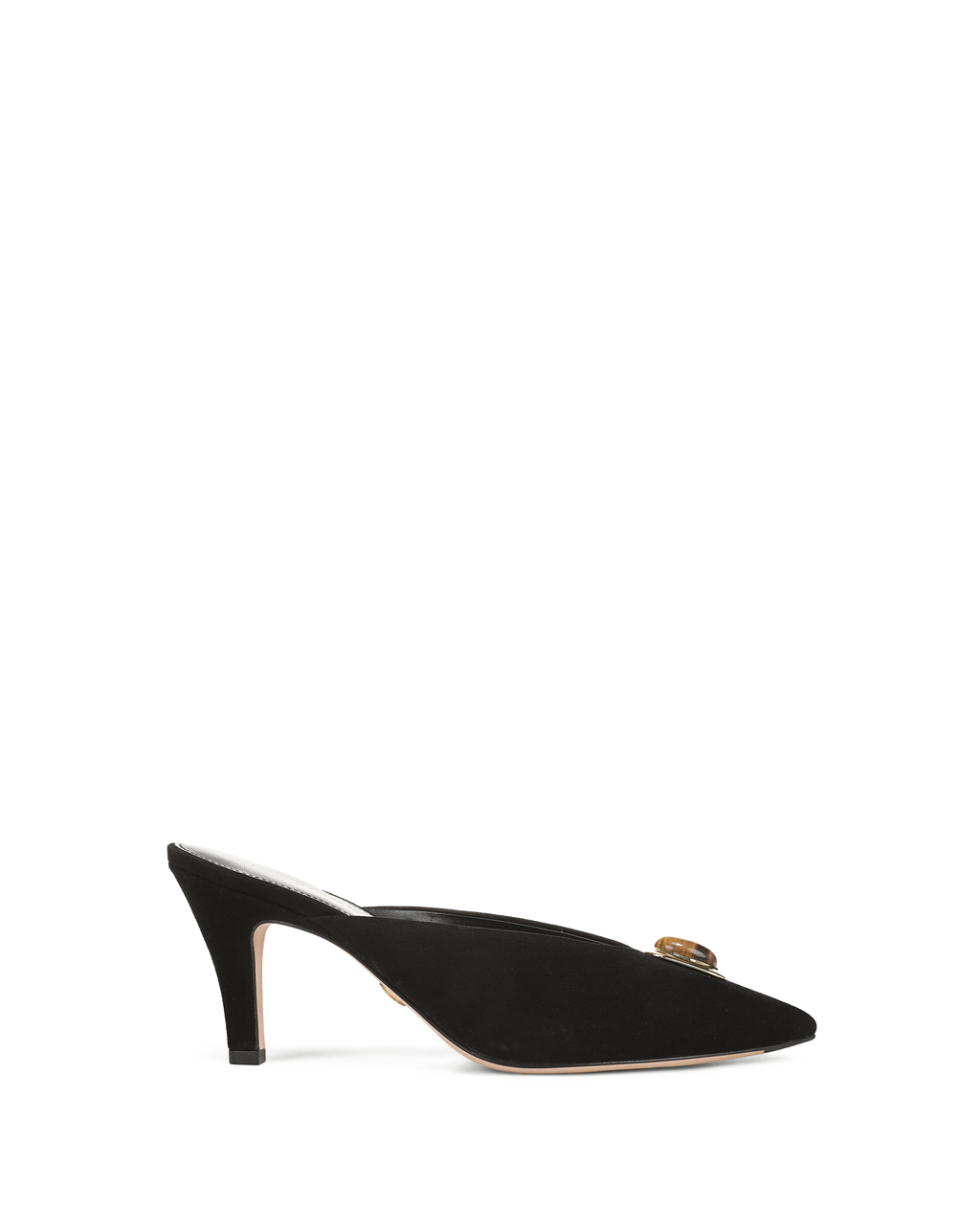 Veronica Beard Black suede mule with pointed toe and gold buckle.