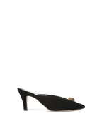 Veronica Beard Black suede mule with pointed toe and gold buckle.