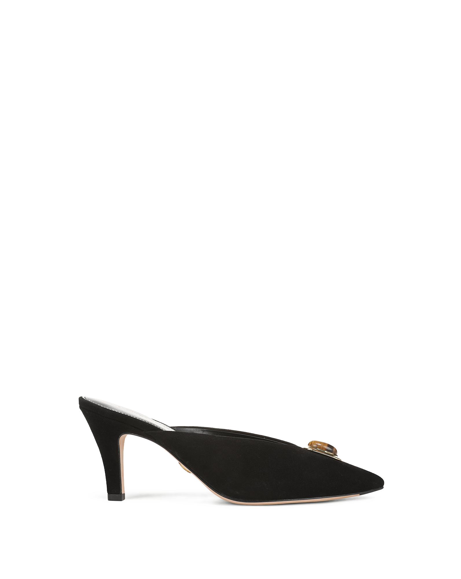 Veronica Beard Black suede mule with pointed toe and gold buckle.