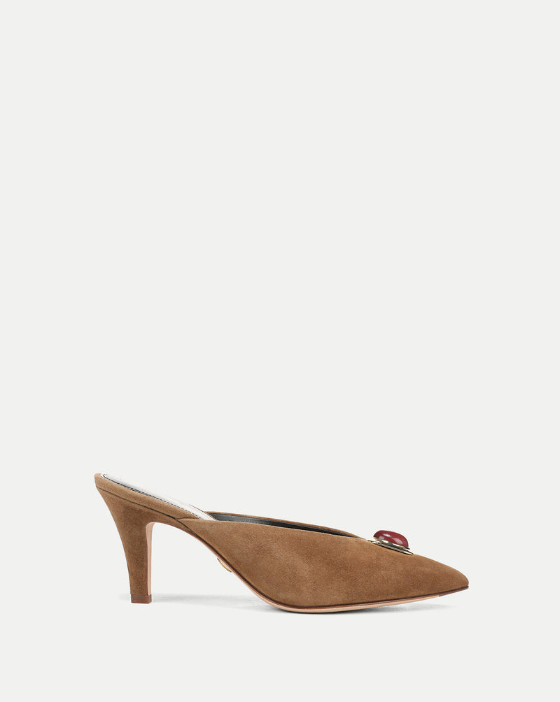 Veronica Beard Brown suede mule with red jewel detail