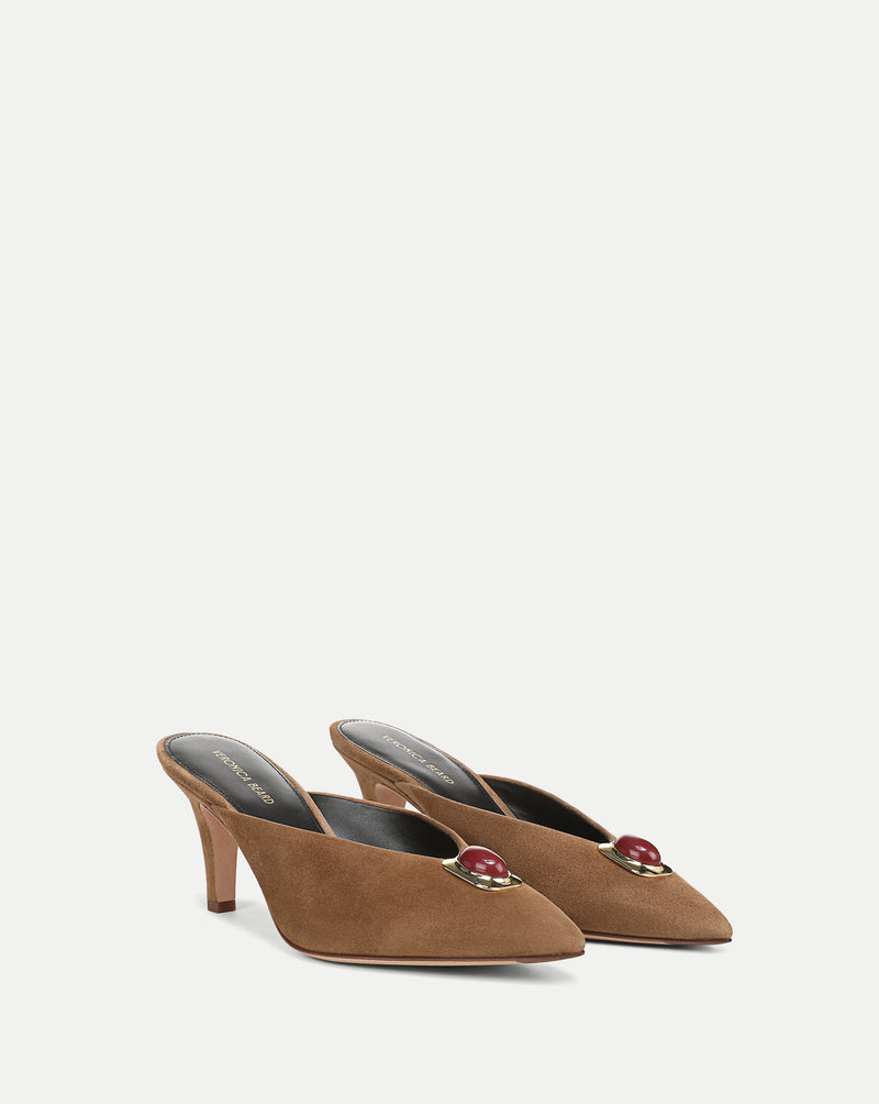 Veronica Beard Brown suede mules with red stone embellishment